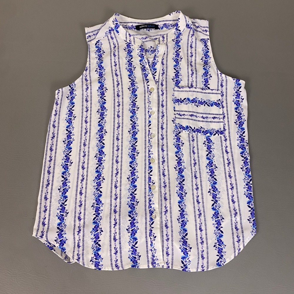 Alice Blue Blouse Sleeveless Women's Large Floral Stripe Button Up White Blue